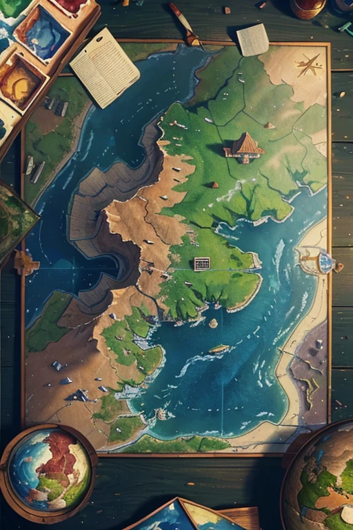 clay motion render, 3d render, 2.5d render, 2d render, oil painting, watercolor render, digital art, classic map art. a fantasy world map