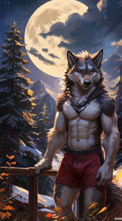 Wolf male, full body covered in fluffy fur, , big muscular chest, volumetric abs, day, , detailed, uploaded to e621, beautiful and detailed portrait of an anthropomorphic white wolf (((male))) kenket, ross tran, ruan jia, uploaded to e621, zaush, foxovh, movie lighting, moon lights, glowing eyes, white fur, long dark mane of hair, wear red underwear