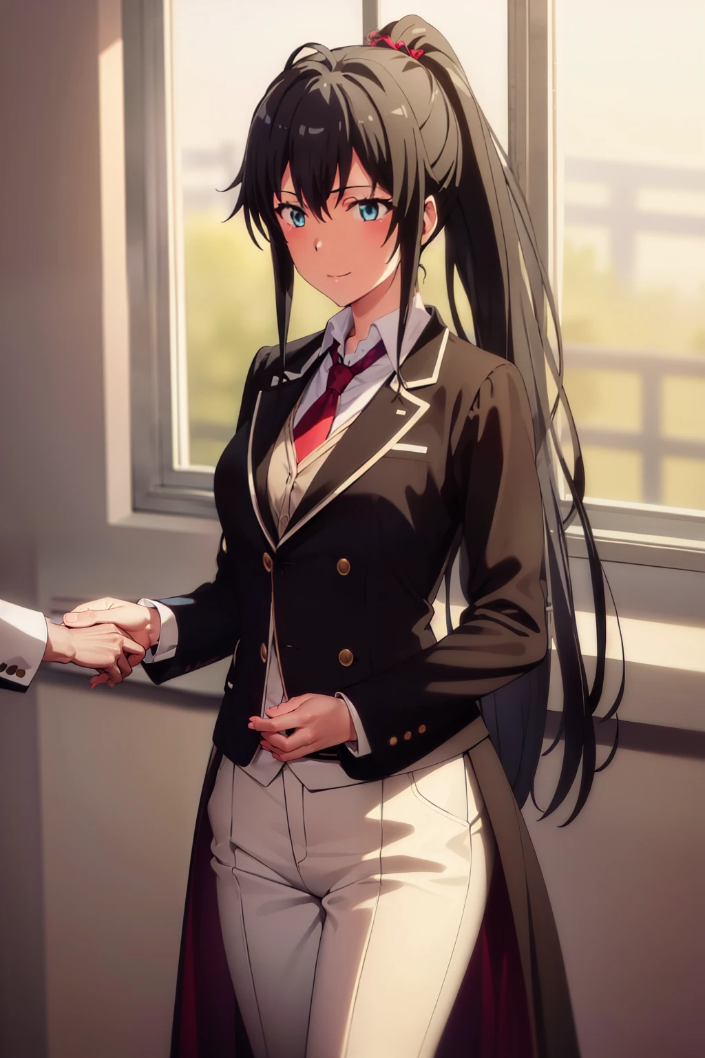 ((best quality)), ((masterpiece)), (detailed) 1girl 1girl, ;\), blurry, blurry_background, breasts, , hair_ponytail ribbon, looking_at_viewer, ok_sign, one_eye_closed, open_hand, Yukinoshita Yukino ,Woman wearing formal clothes, An attractive coat stands in a large gap in the room , 1girl, 独奏, blue necktie, Black hair, eyes blue, long hair, smile , collared shirt, white pants, white shirt , Elegantly designed coat , Stand in front of a window ,Perfectly tailored tailcoat. It has a stunning Victorian design and is made of lustrous fabric