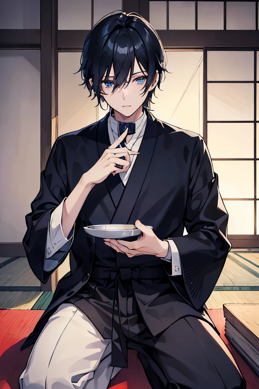 male black hair blue eyes sweater Check slacks vest coat sit sky at dawn Inside the building Japanese-style house plush furnishings 机にsit draw letters masterpiece Highest image quality noise removal clear parts cinematic shadow Increased attractiveness of the eyes clear parts the shine of the eyes Draw eyelashes neatly perfect eyes detailed eyes Sharpen image quality Sharpen eye writing clear parts eye shape