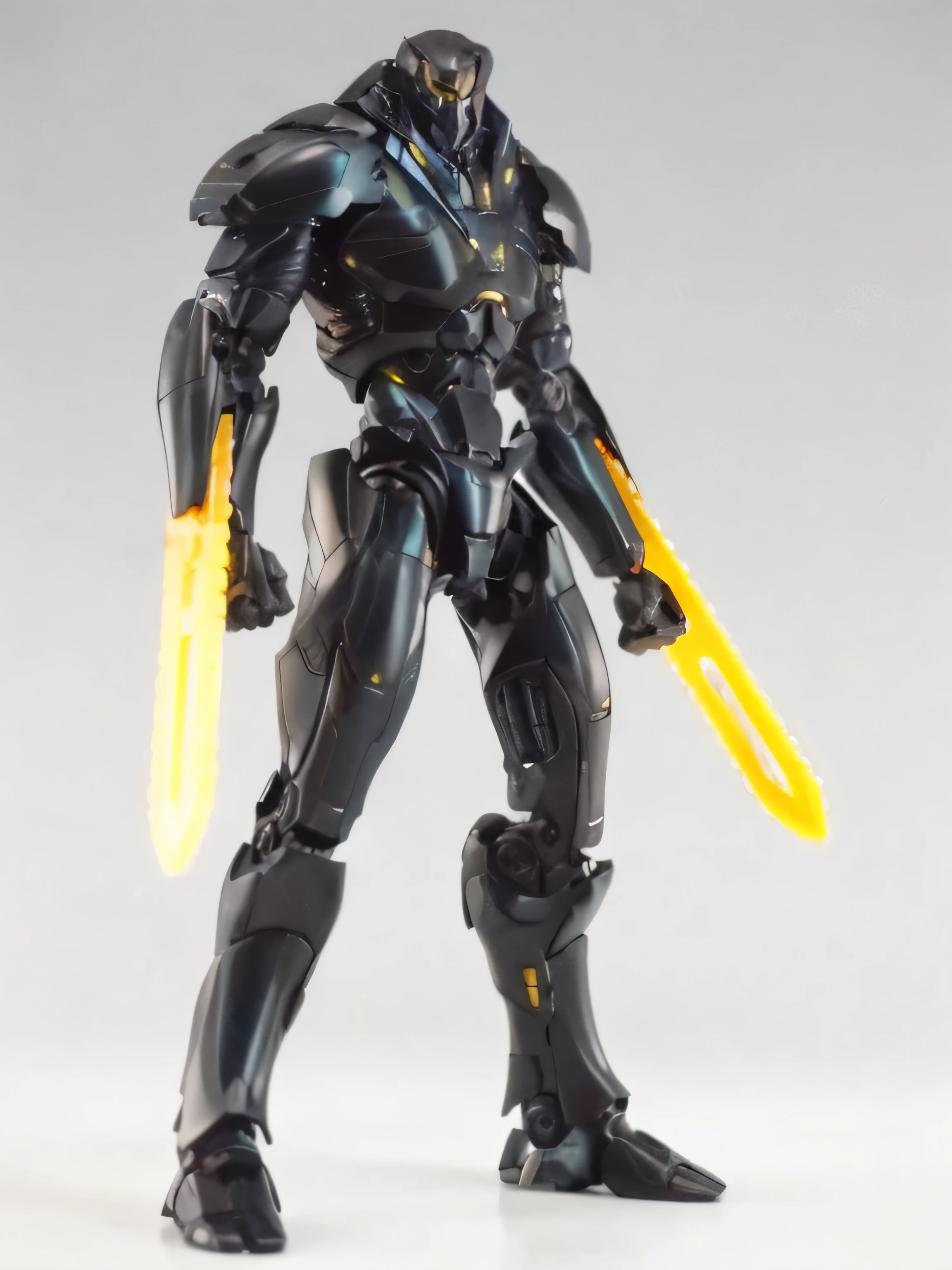 a close up of a toy figure of a robot with a yellow sword, black armor with yellow accents, streamlined matte black armor, eva unit 0 1, sharp sleek edged black armor, black fire color reflected armor, pacific rim jaeger, crysis nanosuit, eva unit-00 in the back, broken ruin pacific rim jaeger, alien space knight