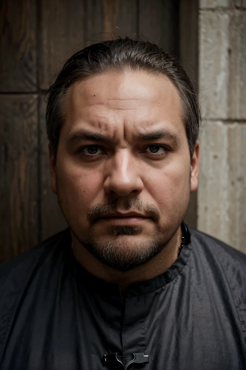 Color image, centered and uncropped, of a man with fair skin, displaying a somber expression, angry, open mouth screaming and drooling. He is a priest of Middle age, with very short straight gray hair, beard, dark eyes, fair skin, hooked nose, 55 years old, fat, 1560s style, disturbed personality, lacking physical attractiveness.