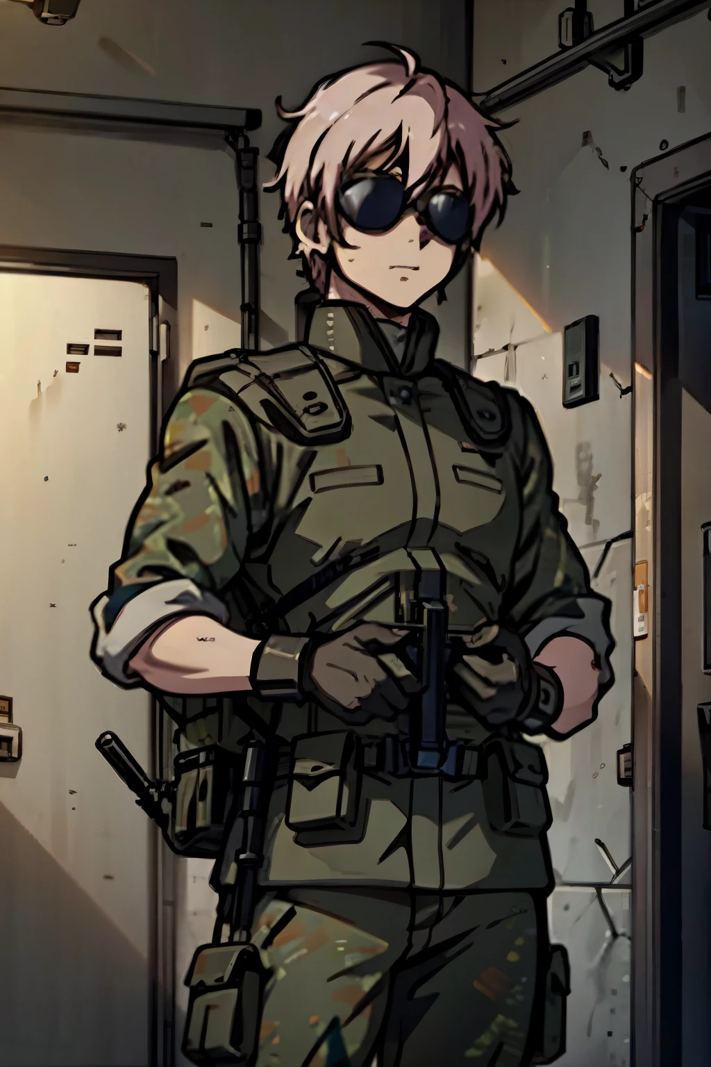 Male commando with very short pale pink hair, wearing black military combat gear, sunglasses and tactical helmet, standing outside a barracks