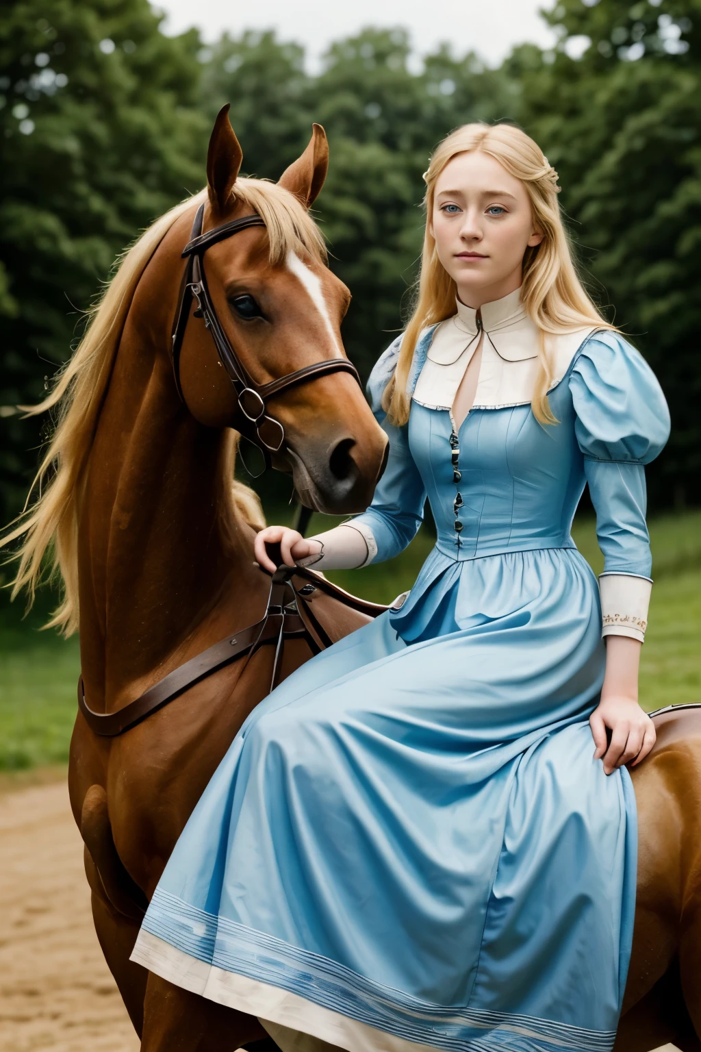 blonde woman with clear blue eyes, twenty years, saoirse ronan, in a dress happy, 1814,, princess riding a horse, royal, woman riding a horse