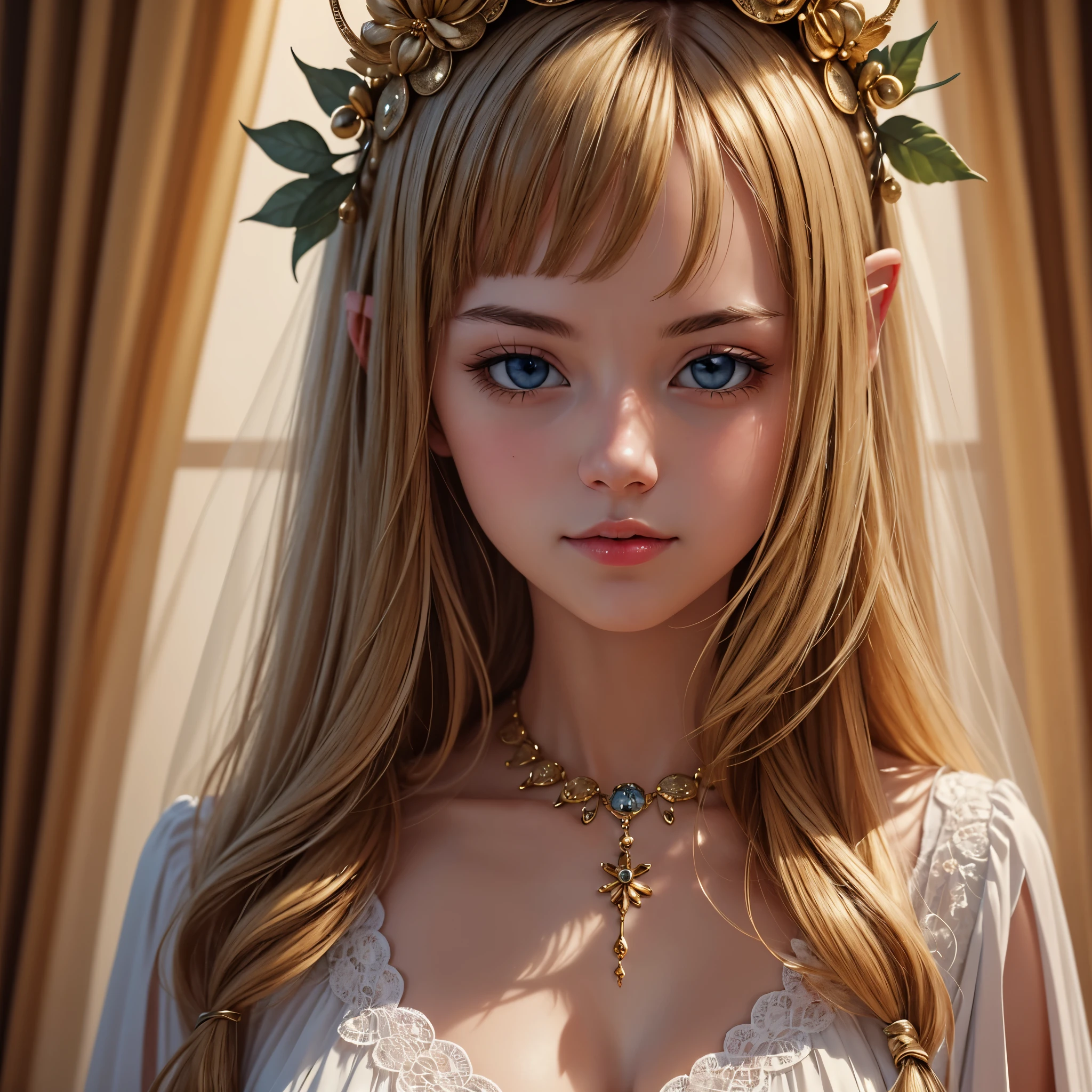 ((masterpiece, best quality, detailed)), 1girl, colerful lighting, deedlit, elf, Blond long Hair, looking at viewer,  cute, Portrait