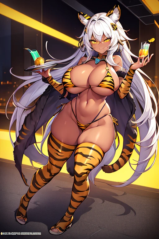 1girl, large breasts, wide hips, dark-skinned female, dark skin, white hair, yellow eyes, tiger print, tiger ears, highleg, highleg bikini, micro bikini, tiger tail, smile, smirk, smug, bar, thighhighs, fukk_body, ((full body)), standing, neon, neon trim, futuristic, science-fiction