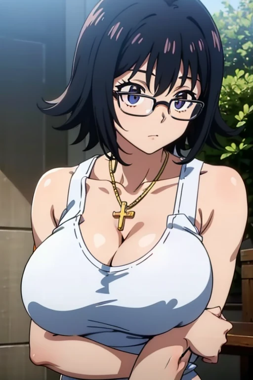 Shizuku Murasaki, 1girl, cute, black hair, short hair, glasses, expressionless, huge breast, ((white tanktop:1.5)), cleavage, (front view, upper body, looking at away, down arms), (masterpiece, high resolution, best quality, anime colored, anime screencap, 8k, photorealistic), denim, inverted cross chain necklace, (perfect detailed anatomy, beautiful detailed eyes&hair, beautiful detailed body&clothes), sunshine outdoors