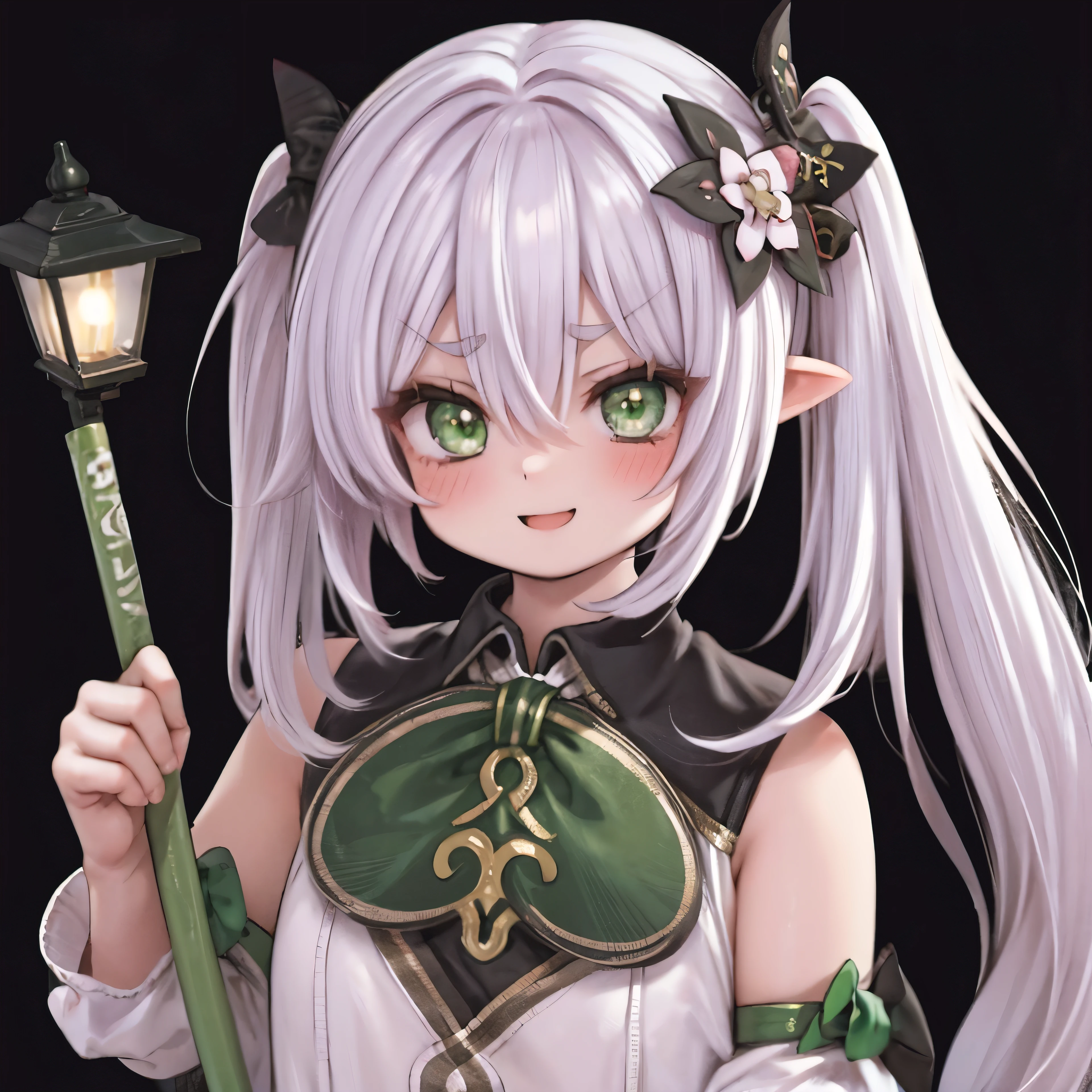 1 girl, happiness, holds a bat in his hands, swing, blood on the bat, night, street lighting, (1 girl:1.3), One, hair ornament, Bang,a gift,White hair,low ponytail,hair between eyes,long hair,hair flower, green_eyes,V-shaped eyebrows, blush, smile. Happy