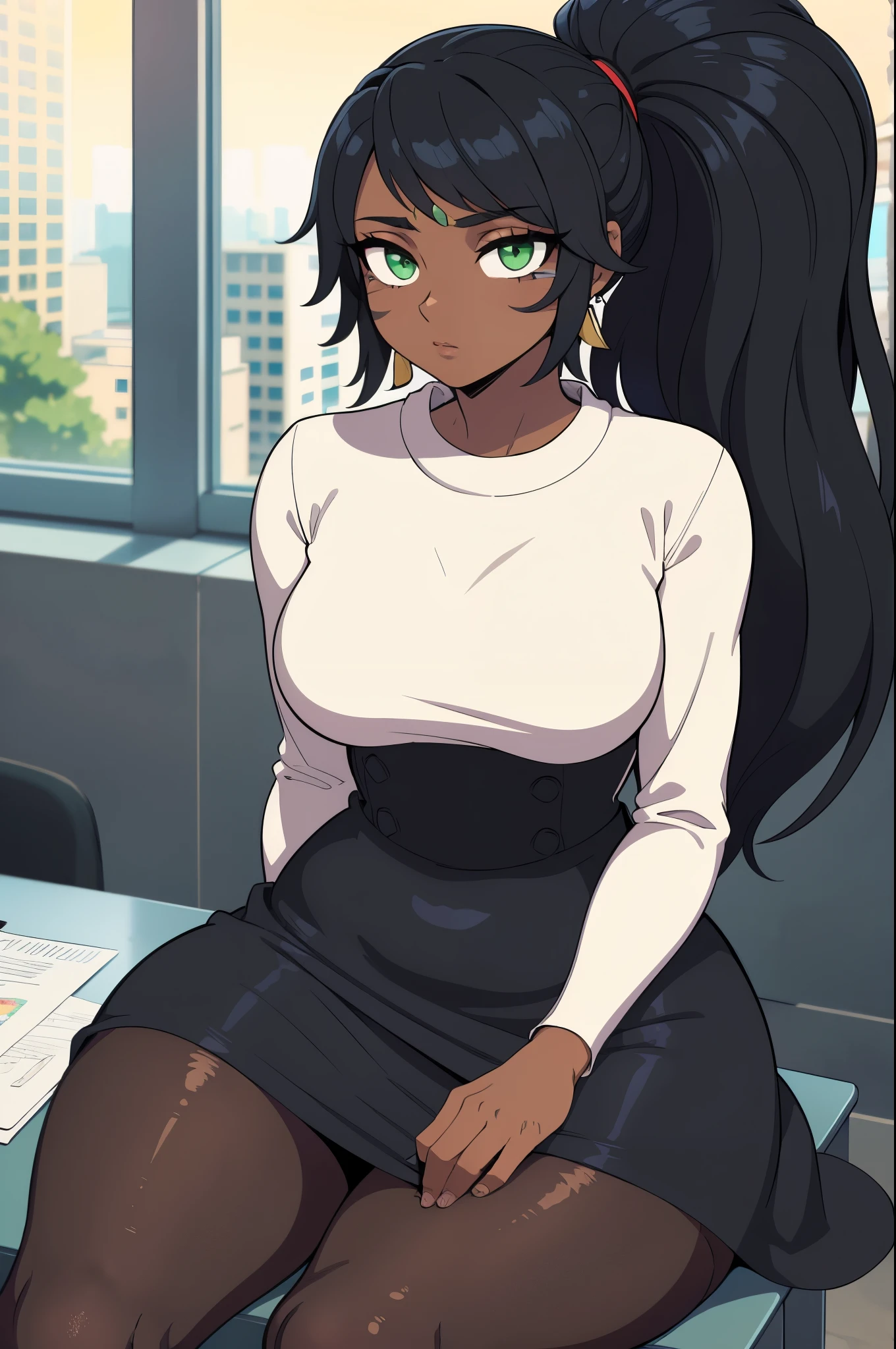 masterpiece, best quality, ultra-detailed, illustration, colorful, flat color, depth of field, 1girl, nidalee, anime, sitting, black hair, ponytail, green eyes, dark skin, white tribal marks, looking at viewer, at office, black office dress, pantyhose, black pantyhose, detailed skin texture, detailed cloth texture, beautiful detailed face