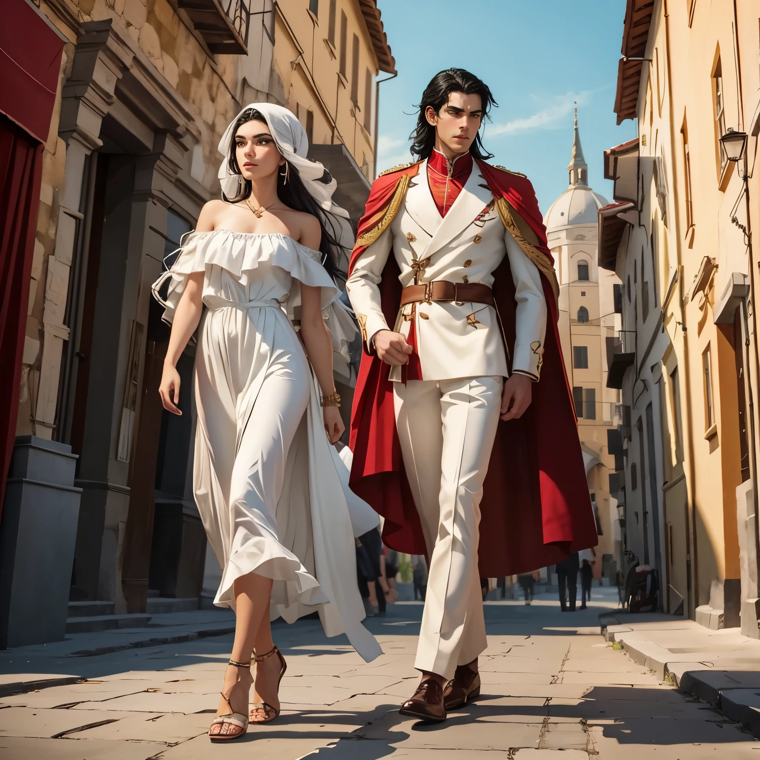 Generate a high-quality image depicting a tall, young man with pale skin, straight black hair flowing to his shoulders, and Italian facial features. He has a masculine nose, thick eyebrows, is clean-shaven, and is adorned in a red and white Mediterranean-inspired ensemble with military embellishments, including a red cape and distinctive footwear.