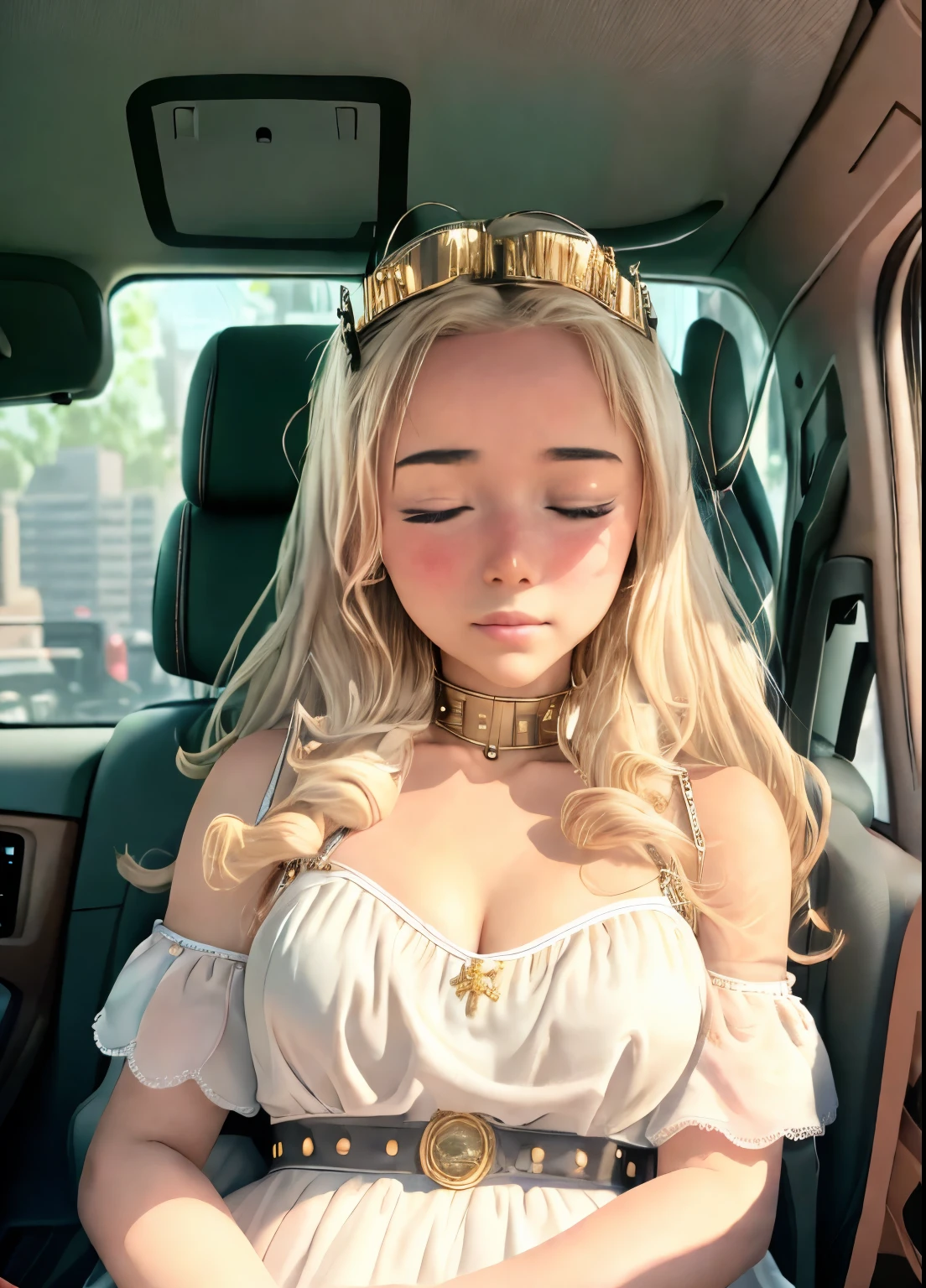 ((Masterpiece)), ((Best Quality)), 8K, HD, Super Detail, (Woman), (White dress studded with yellow gold rims), (Golden hair shawl scattered), (Expression closed eyes) (Sleeping in a car 1.6) (Full Body Display 1.4) The artwork is a masterpiece, with the best quality and super detail, captured in 8K HD. Photographic realistic, realistic, very detailed illustrations realistic, octane rendering