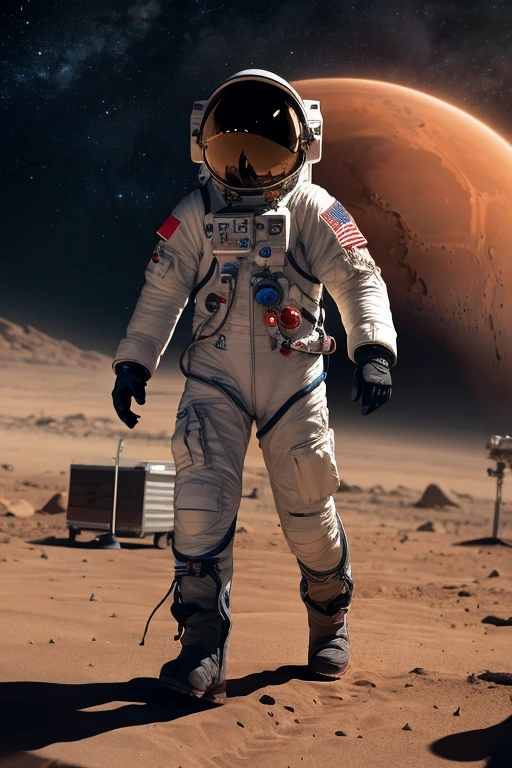 Create an impressive atmosphere in which an ASTRONAUT is walking around holding devices that analyze the Martian soil. Sober setting on the planet Mars