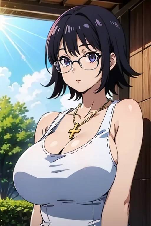 Shizuku Murasaki, 1girl, cute, black hair, short hair, glasses, expressionless, huge breast, ((white tanktop:1.5)), cleavage, (from the front, upper body:1.5, looking at away, breast hold), (masterpiece, high resolution, best quality, anime colored, anime screencap:1.5, 8k, photorealistic), denim, inverted cross chain necklace, (perfect detailed anatomy, beautiful detailed eyes&hair, beautiful detailed body&clothes), sunshine outdoors