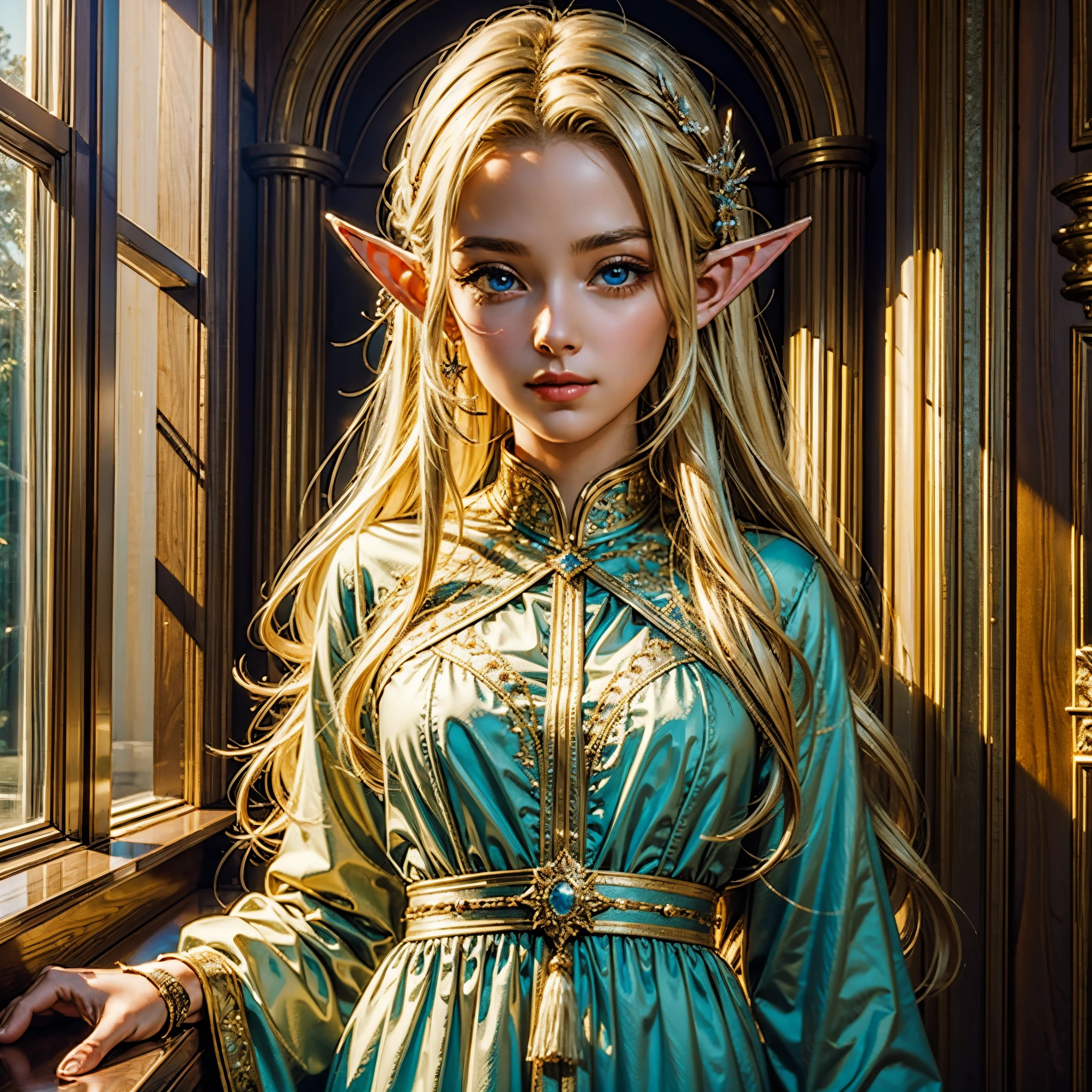 ((masterpiece, best quality, detailed)), 1girl, colerful lighting, deedlit, elf, Blond long Hair, looking at viewer, cute, Portrait