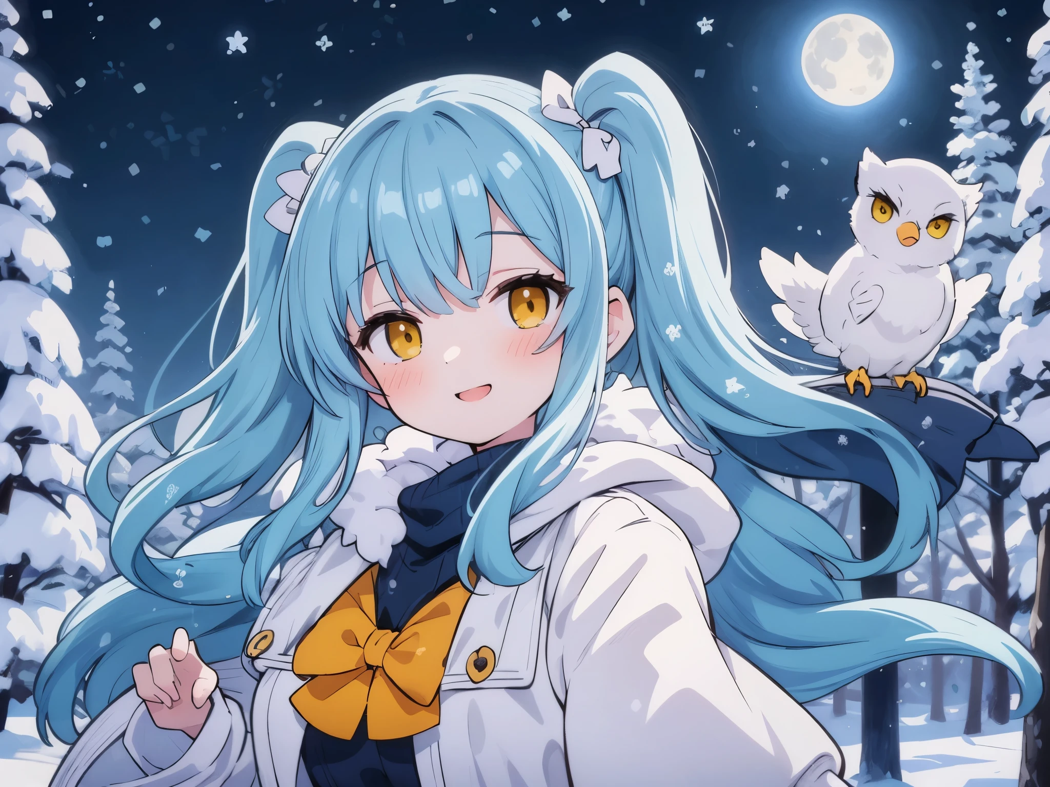 It&#39;s snowing((Some photos)).In the cold winter forest with wind blowing　It&#39;s snowing　Beautiful girl with long light blue hair　twin tails　adorable smile　warm yellow down coat　A big big owl watches over the girl　beautiful moonlit night　The stars twinkle