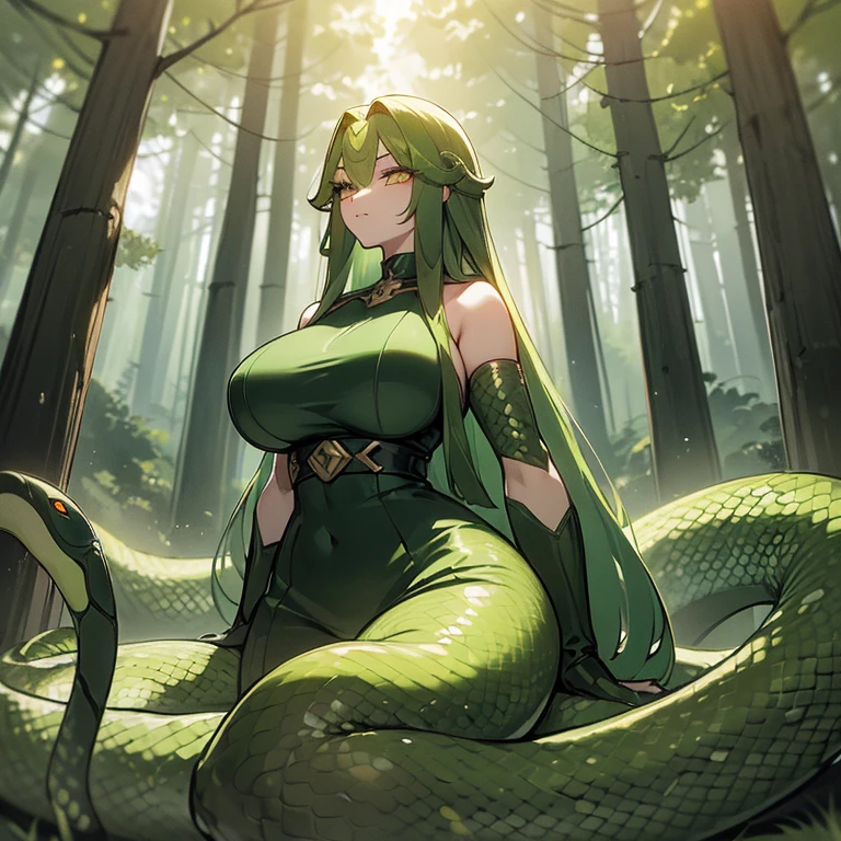 (((Snake Woman))),(((Green snake hair))),(((Golden eyes))),(((Half gorgon))),(Curvy body),(((Wearing an outfit beautiful))),(((Surrounded by forest)))