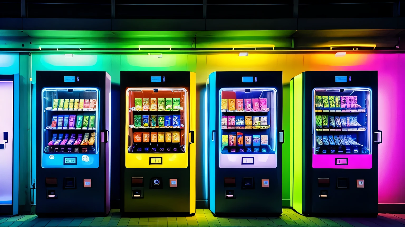 vending machines, side by side, with dizzying outlines, neon-lit outlines, Bioluminescent fireflies, Photorealistic fine art , digital fashion photography