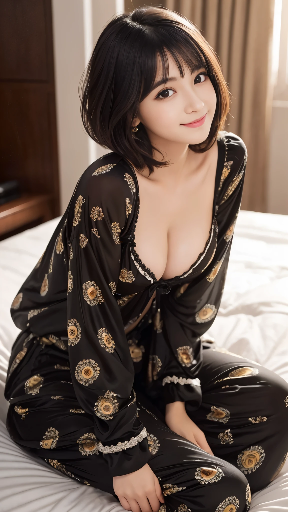 Best-quality, Masterpiece, Ultra-High-Resolution, (Photorealistic:1.4), Raw-Photo, 1girl, -yeld, thost famous Japanese idol, sitting on luxury-bed, innocent smile, looking at viewer, extremely cute face, (((extremely beautiful big-black-eyes, extremely beautiful solid-circle-eyes))), extremely beautiful black-short-cut-haired, extremely beautiful long-eyelashes, extremely beautiful lips, extremely beautiful skins, extremely beautiful shoulders, extremely beautiful abundant-cleavage, wearing only pajama with cute-design, detailed luxury-bed, detailed cute-face, detailed big-black-eyes, detailed solid-circle-eyes, detailed pajama-with-cute-design