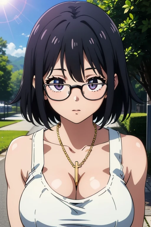 Shizuku Murasaki:1.5, 1girl, cute, black hair, short hair, glasses, expressionless, huge breast, ((white tanktop:1.5)), cleavage, (from the front, upper body:1.5, looking at away, breast hold), (masterpiece, high resolution, best quality, anime colored, anime screencap:1.5, 8k, photorealistic), denim, inverted cross chain necklace, (perfect detailed anatomy, beautiful detailed eyes&hair, beautiful detailed body&clothes), sunshine outdoors