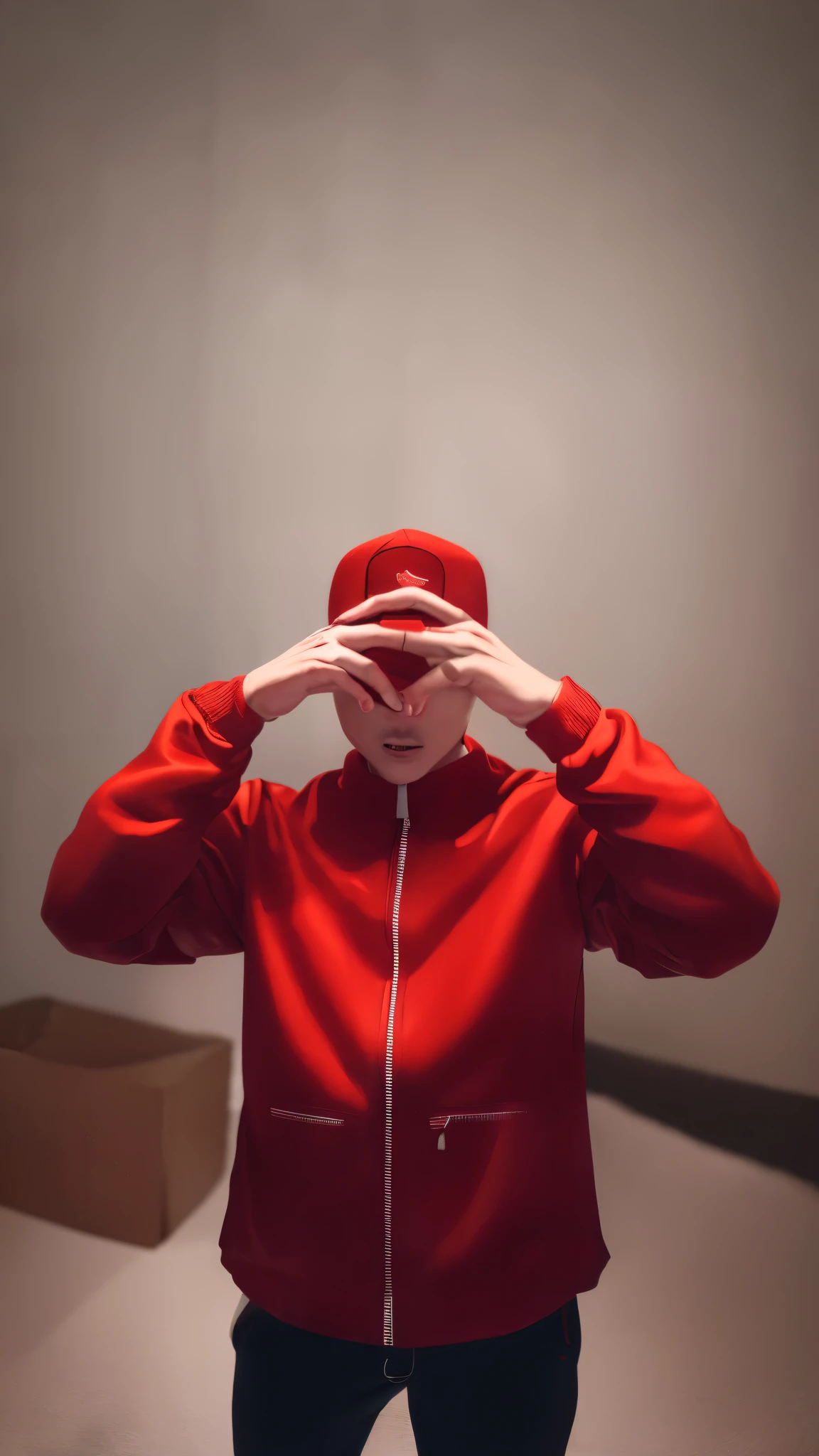 there is a man that is covering his eyes with his hands, wearing adidas clothing, with rap cap on head, wearing a red backwards cap, rapping, with red haze, dr zeus, realism art, very very low quality picture, very artistic pose, low quality photograph, looking at camera!!!, shooting pose, wearing red jacket, distorted pose