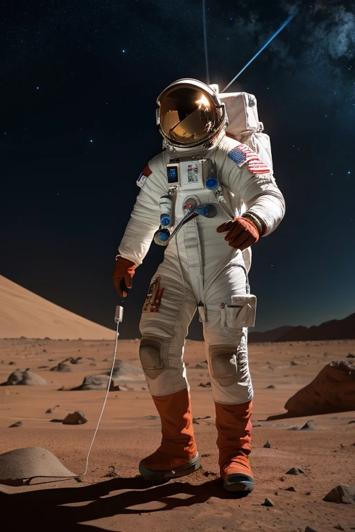 Varied angles, Fotografia Distante, Create an impressive atmosphere in which an ASTRONAUT is walking around holding devices that analyze the Martian soil. Sober setting on the planet Mars