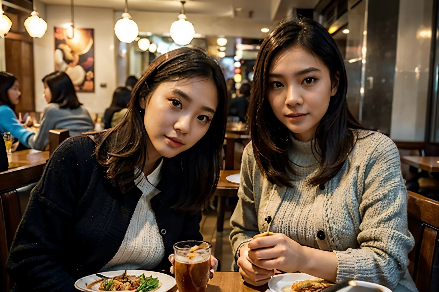 Two Hong Kong sisters, eating dinner in restaurant, knit dress and knit jacket, beautiful face, soft lighting, hyper realistic, beautiful body, half body photo, symmetric eyes, slim
