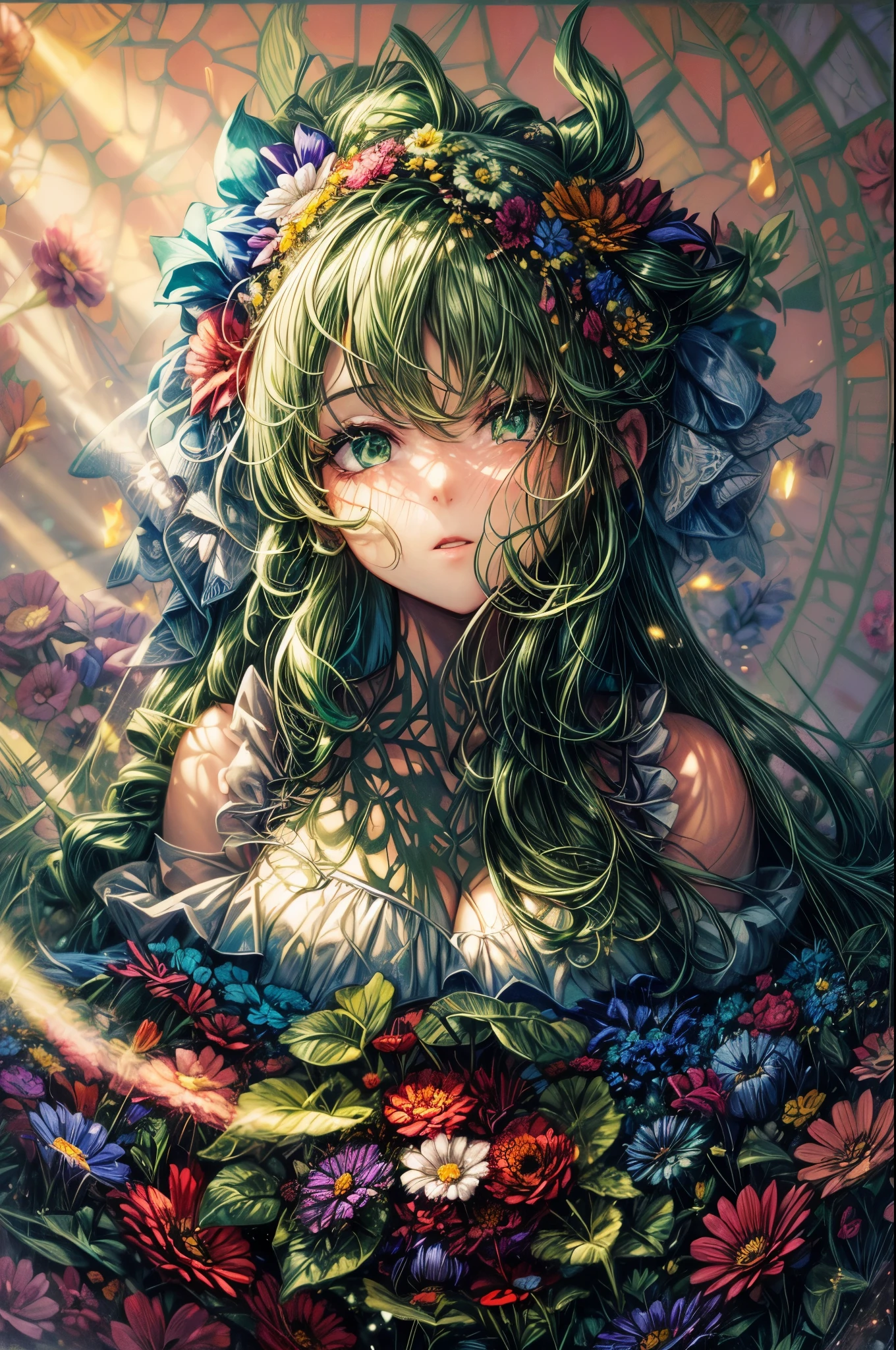 ((worst quality, low quality)), ((girl)), alone, (Wedding dress), (((long hair, ponytail, green hair,):1.3)), (big breasts), hair above one eye, plump and glossy lips, beautiful clear eyes, spoken heart, leaning forward, (dynamic pose:1.2), (((Beautiful colorful flowers, 1 large bouquet,Hold it with both hands:1.2))), Hanabubuki, (stained glass background), (opal), (particles of light, shine of light, light:1.4), table top,highest quality,super detailed,