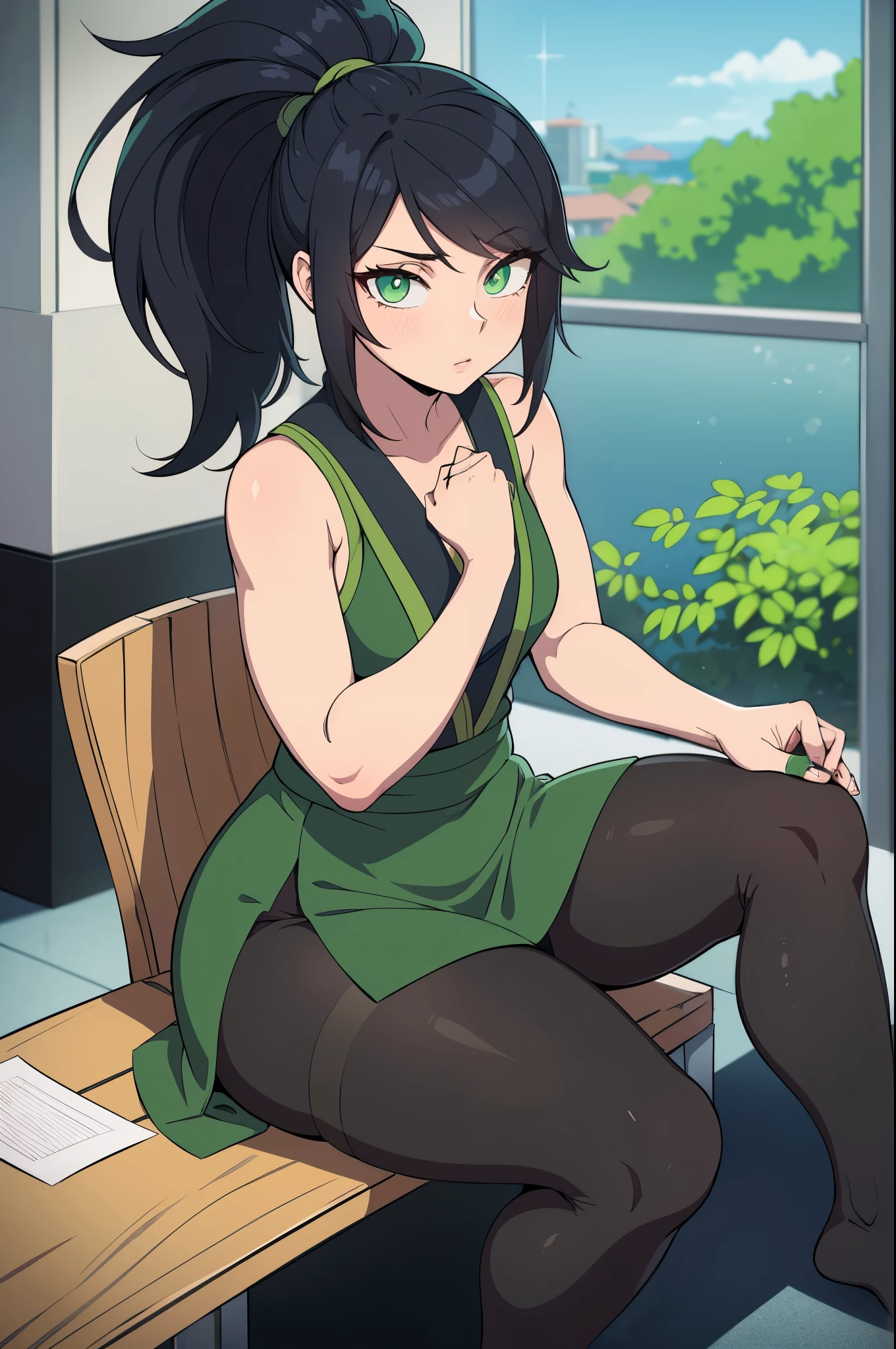 masterpiece, best quality, ultra-detailed, illustration, colorful, flat color, depth of field, 1girl, akali, anime, sitting, black hair, ponytail, green eyes, looking at viewer, at office, green office dress, pantyhose, black pantyhose, detailed skin texture, detailed cloth texture, beautiful detailed face