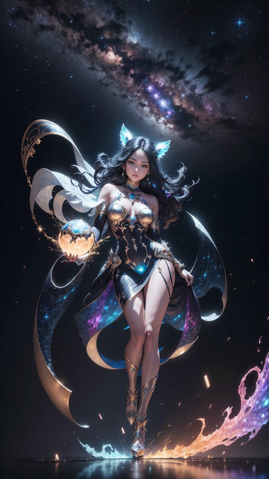 An ultra-realistic and ultra-detailed ((full body portrait)) of a gorgeous petite celestial goddess with dark hair and (glowing silver eyes), adorned with vivid chemiluminescent stars and galaxies, floating through the cosmos, radiating luminous cosmic energy, multicolored, vibrant lighting, visually stunning, surreal, epic, legendary, radically fantastic, sharp uhd, dof, 8k resolution, enhanced-realism, hyper-photorealism.