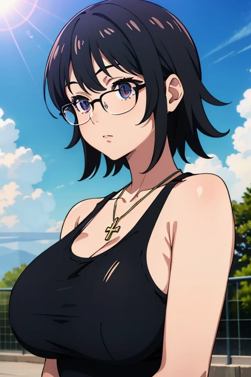 Shizuku Murasaki, 1girl, cute, black hair, short hair, glasses, expressionless, huge breast, ((black tanktop:1.5)), cleavage, (from the front, upper body, looking at away, breast hold:1.5), (masterpiece, high resolution, best quality, anime colored, anime screencap:1.5, 8k, photorealistic), denim, inverted cross chain necklace, (perfect detailed anatomy, beautiful detailed eyes&hair, beautiful detailed body&clothes), sunshine outdoors