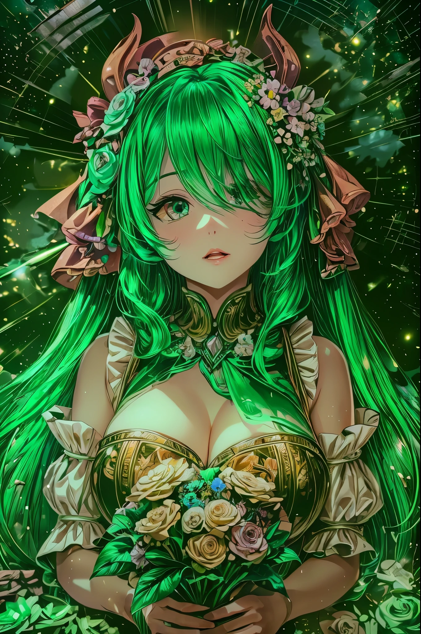 ((worst quality, low quality)), ((girl)), alone, (Wedding dress), (((long hair, ponytail, green hair,):1.3)), (big breasts), hair above one eye, plump and glossy lips, beautiful clear eyes, spoken heart, leaning forward, (dynamic pose:1.2), (((Beautiful colorful flowers, 1 large bouquet,Hold it with both hands:1.2))), Hanabubuki, (stained glass background), (opal), (particles of light, shine of light, light:1.4), table top,highest quality,super detailed,