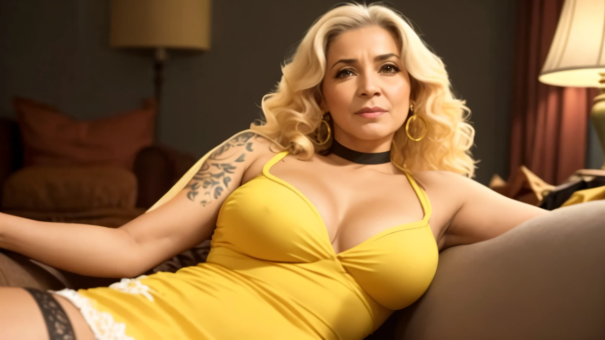 A closeup of a woman in a yellow dress sitting on a sofa, ela tem cerca de 6 0 anos, ela tem cerca de 7 0 anos, foto de filme sexy, ela tem cerca de 50 anos, senhora usando vestido amarelo, linda mulher amarela, she is bullshit, O super gostoso e sexy, Lúcio as a woman, 5 5 eles, mulher atraente