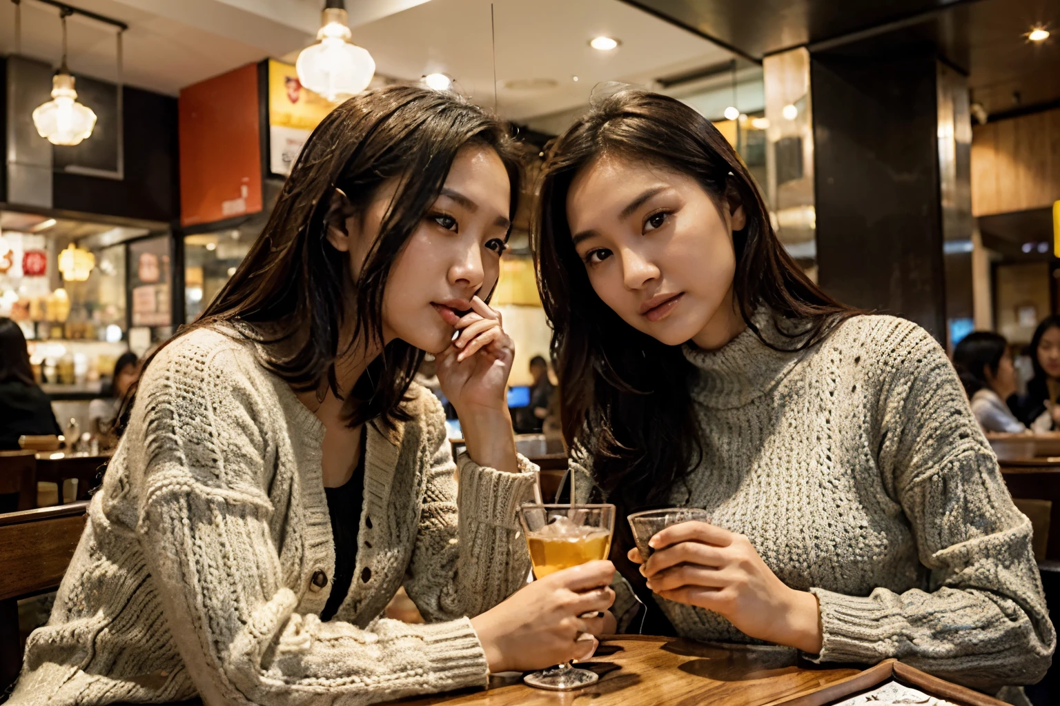 Two Hong Kong sisters, eating dinner in restaurant, sexy knit dress and knit jacket, beautiful face, soft lighting, hyper realistic, beautiful body, half body photo, symmetric eyes, slim