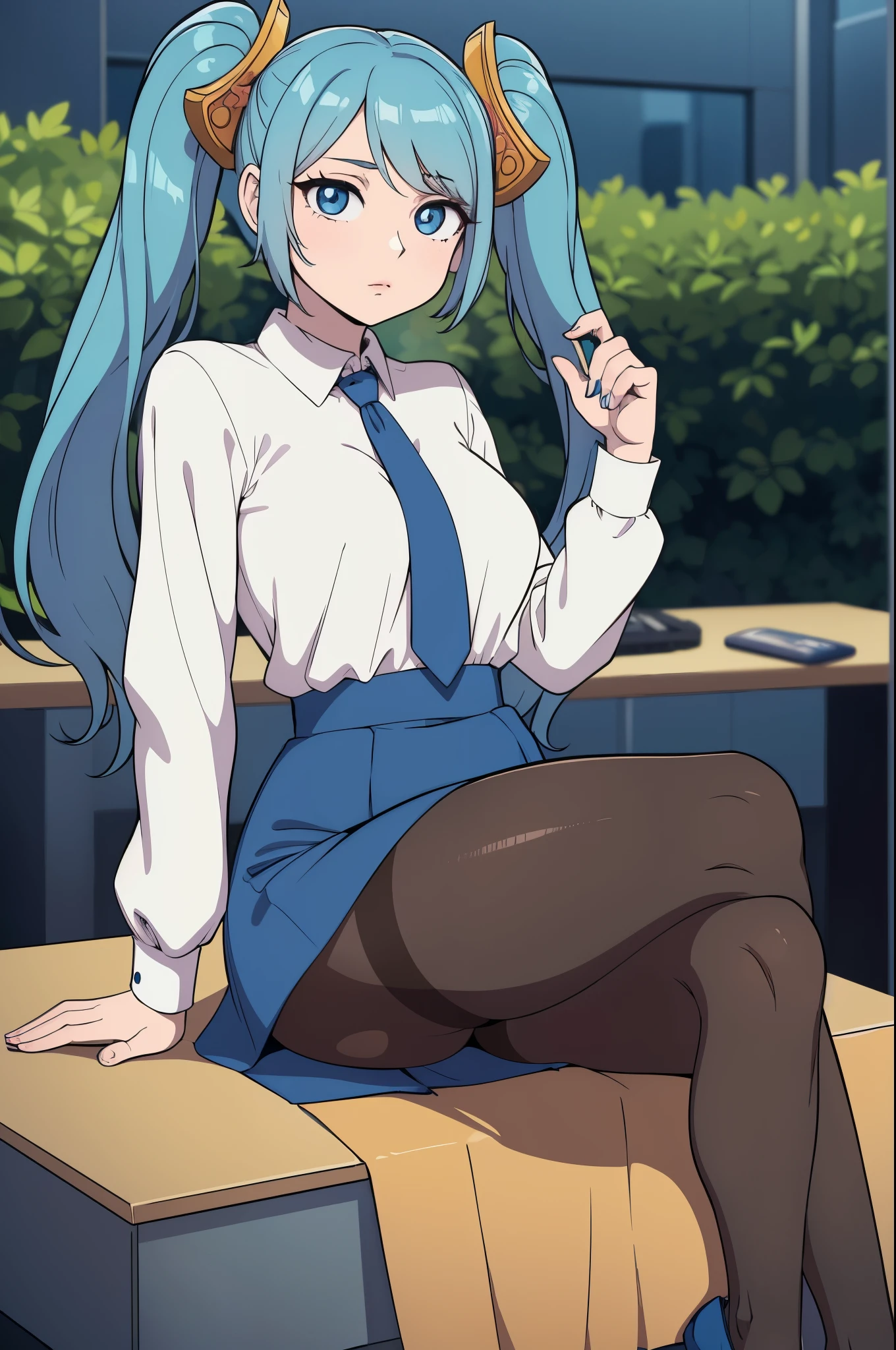 masterpiece, best quality, ultra-detailed, illustration, colorful, flat color, depth of field, 1girl, sona buvelle, anime, sitting, blue hair, twintails, blue eyes, looking at viewer, at office, blue office dress, pantyhose, black pantyhose, detailed skin texture, detailed cloth texture, beautiful detailed face