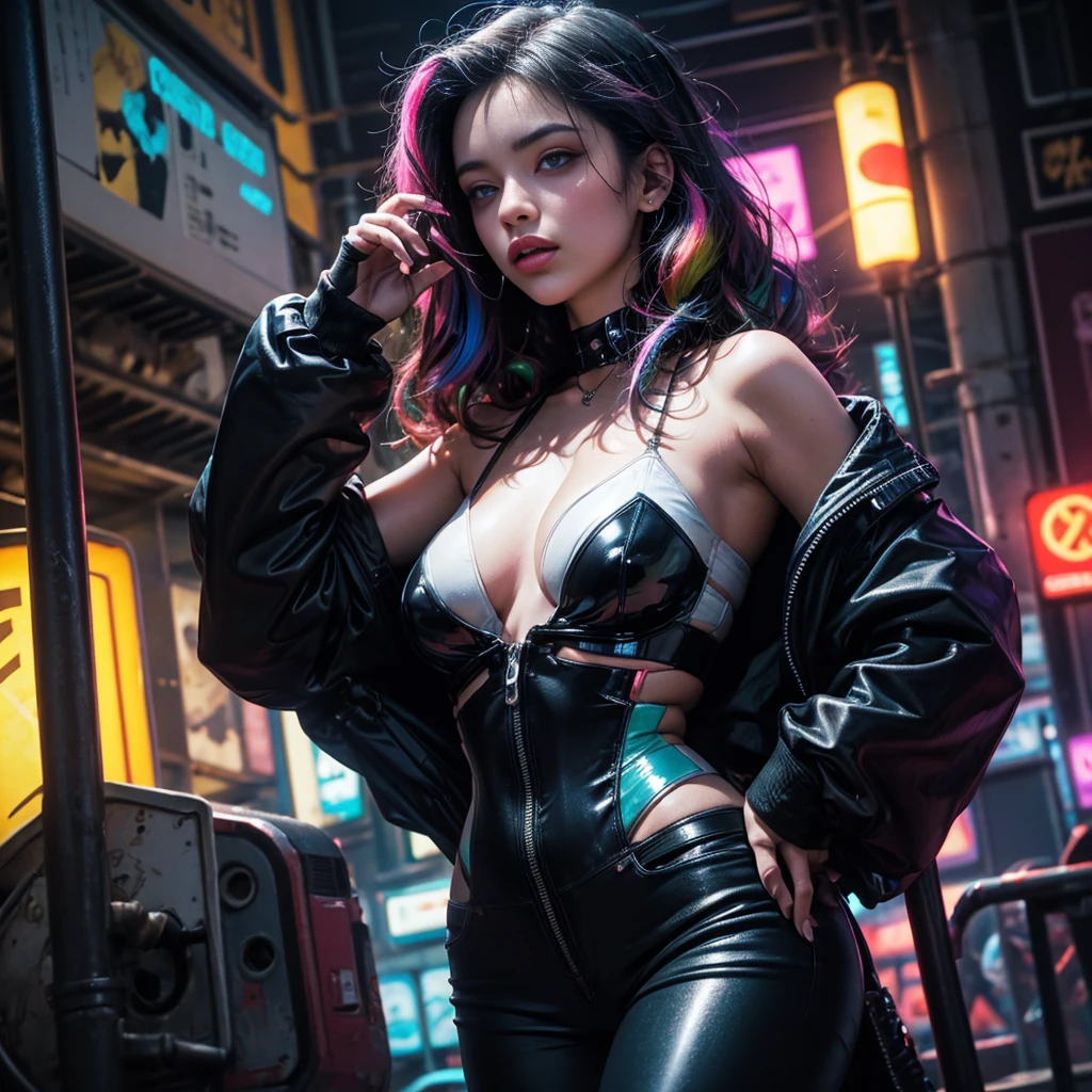 close-up portrait of a beautiful young woman, (cyberpunk clothes) (ErinNobodySD15), Giant breasts, pressed lips (seriously: 1.2) appearance (bright side light rim light: 1.2) deep dark shadows dramatic camera angle high contrast color gradation (masterpiece: 1.2) (photorealistic: 1.2) (bokeh:1.2) (best quality) (detailed skin:1.3) (complex details) (8k) (HDR) (cinematic lighting) (sharp focus), large multicoloured hair loose and wavy, neon lights in the background, pink latex clothing, light green eye colour,