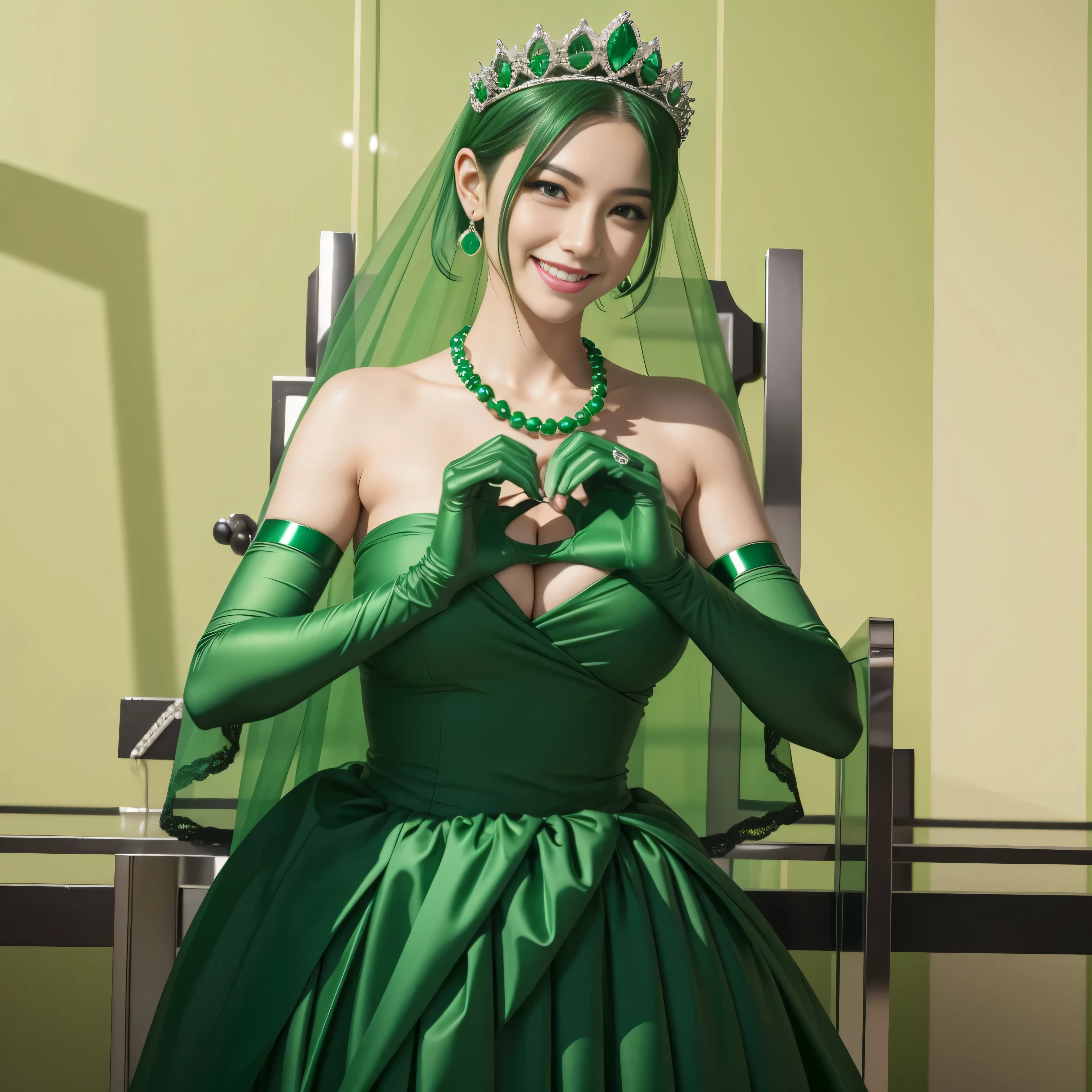 emerald tiara, green pearl necklace, ボーイッシュな非常に短いgreen hair, lipstick, smiling Japanese woman, very short hair, Beauty with large breasts, green eyes, Long Green Satin Gloves, green eyes, emerald earrings, green veil, heart with both hands, green hair