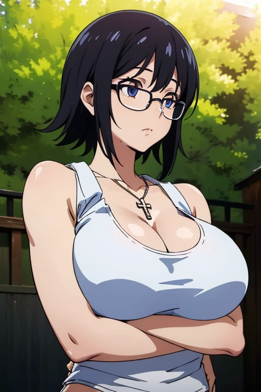 Shizuku Murasaki, 1girl, cute, black hair, short hair, glasses, expressionless, huge breast, ((tight white tanktop:1.5)), cleavage, (from the front, upper body, looking at away, breast hold, arms squeeze), (masterpiece, high resolution, best quality, anime colored, anime screencap:1.5, 8k, photorealistic), denim, inverted cross chain necklace, (perfect detailed anatomy, beautiful detailed eyes&hair, beautiful detailed body&clothes), sunshine outdoors