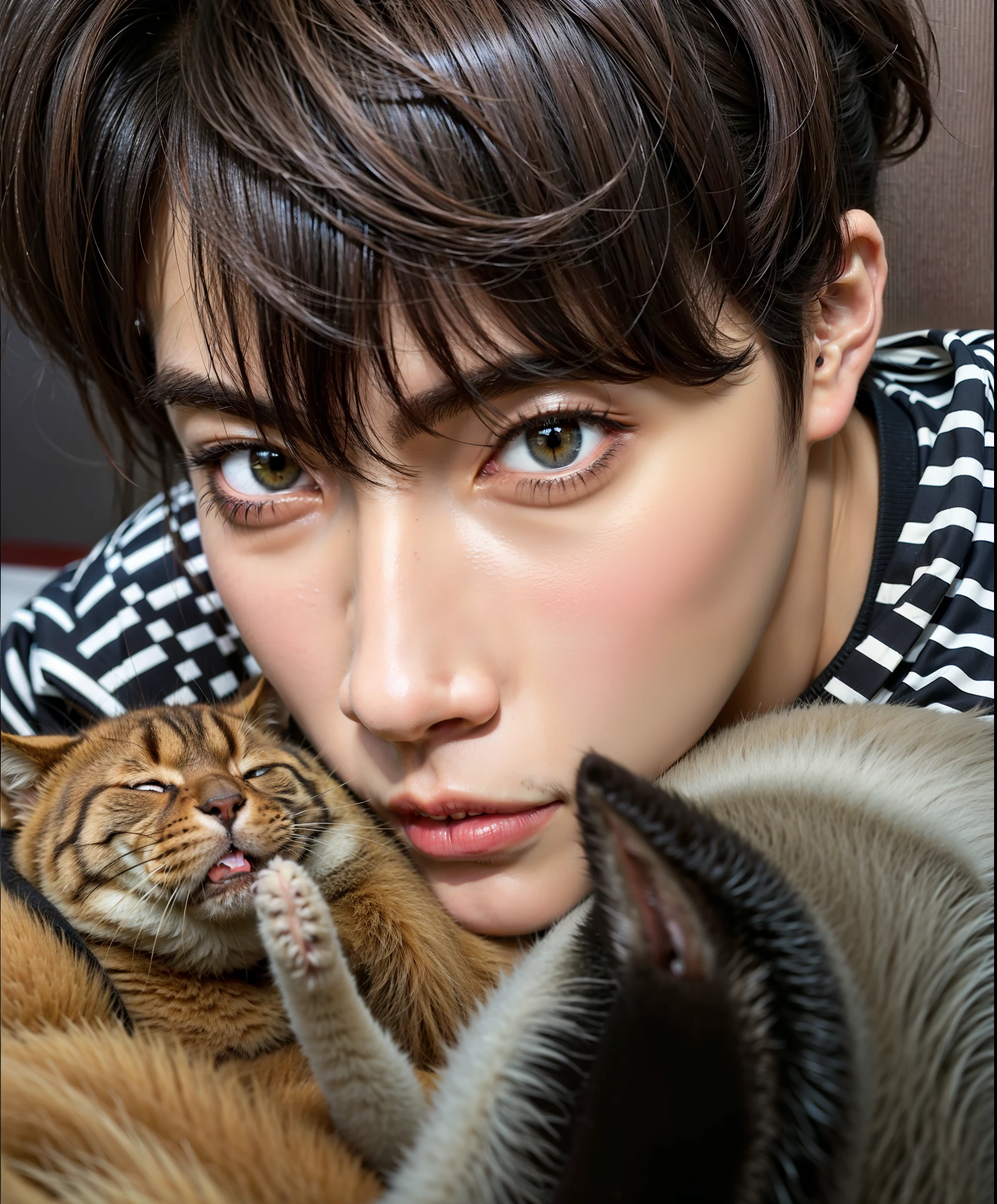 there is a man that is holding a cat and a cat, cai xukun, louis partridge, with cute doting eyes, jung jaehyun, kim doyoung, jinyoung shin, taejune kim, male ulzzang, sakimichan, he has yellow wolf eyes, wan adorable korean face, hyung tae, xqc, taehyung eating gucci fries, louis partridge
