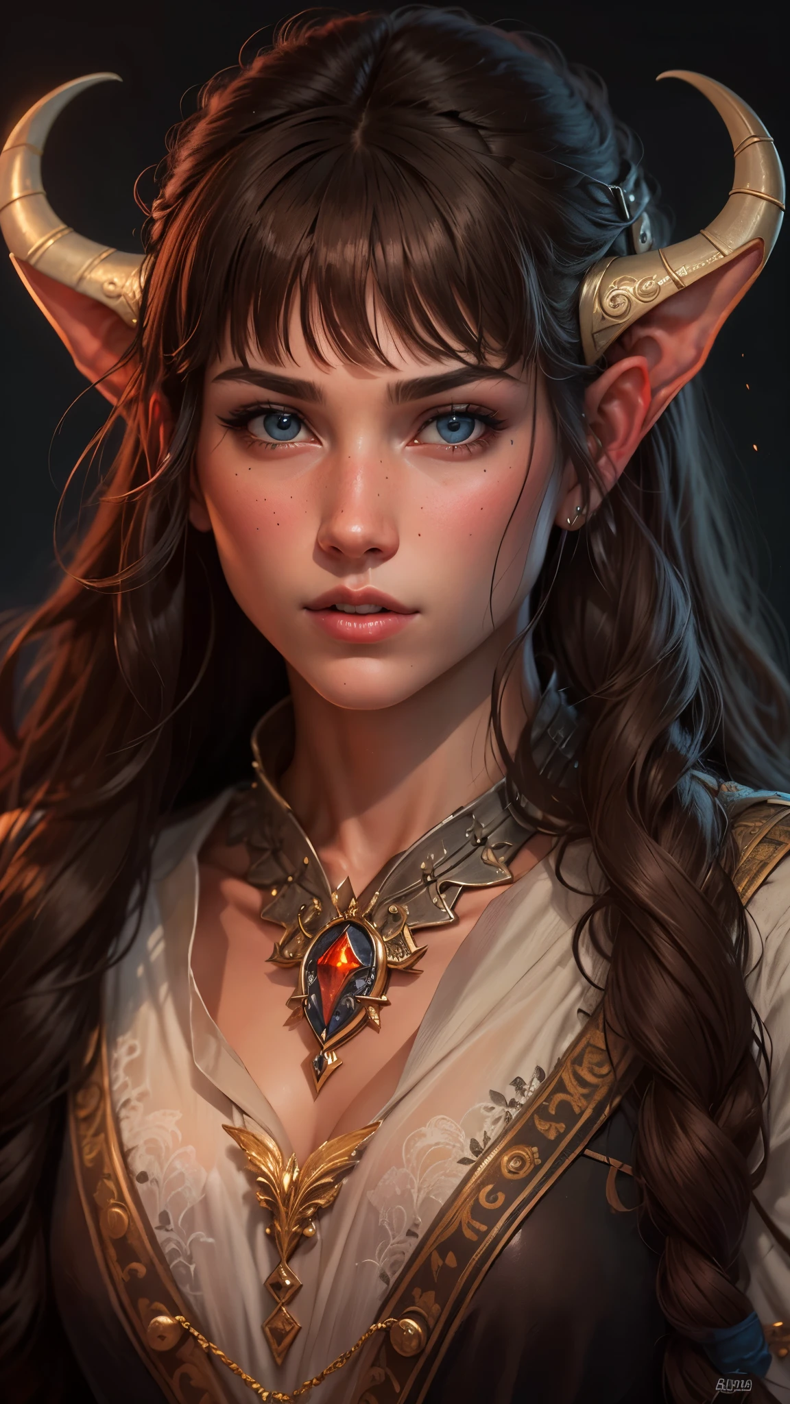 A tiefling brunette with long hair with bangs, Realistic, many details, Medieval fantasy theme, full body, princess face, body set. Reflection light, high details, best quality, 16k, [ultra detailed], masterpiece, best quality, (extremely detailed), close up, ultra wide shot, photorealistic, RAW, fantasy art, dnd art, fantasy art, realistic art