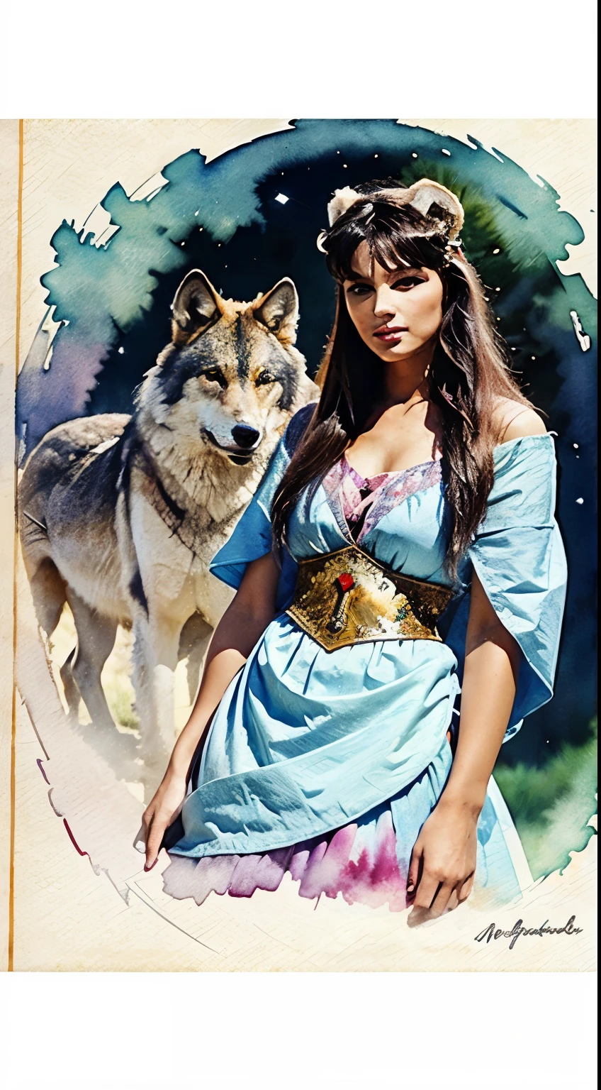 pack of wolves, a beautiful woman in native costume in the middle of them, watercolor style.