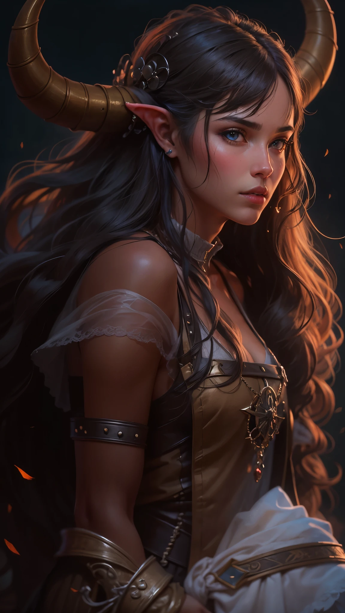 A tiefling brunette with long hair with bangs, Realistic, many details, Medieval fantasy theme, full body, princess face, body set. Reflection light, high details, best quality, 16k, [ultra detailed], masterpiece, best quality, (extremely detailed), close up, ultra wide shot, photorealistic, RAW, fantasy art, dnd art, fantasy art, realistic art