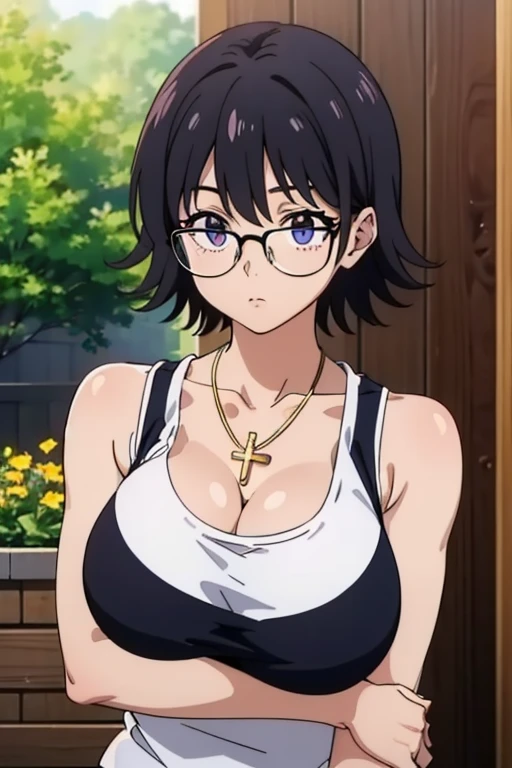 Shizuku Murasaki, 1girl, cute, black hair, short hair, glasses, expressionless, huge breast, ((tight white tanktop:1.5)), cleavage, (from the front, upper body, looking at away, breast hold, arm squeeze), (masterpiece, high resolution, best quality, anime colored, anime screencap:1.5, 8k, photorealistic), denim, inverted cross chain necklace, (perfect detailed anatomy, beautiful detailed eyes&hair, beautiful detailed body&clothes), sunshine outdoors