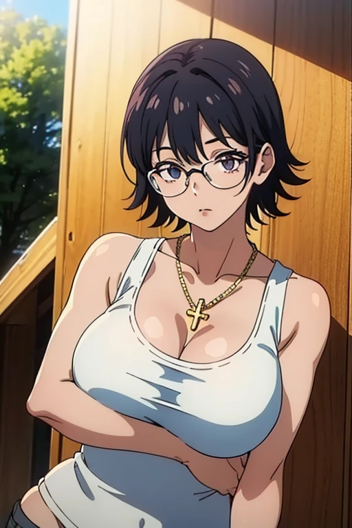 Shizuku Murasaki, 1girl, cute, black hair, short hair, glasses, expressionless, huge breast, ((tight white tanktop:1.5)), cleavage, (from the front, upper body, looking at away, breast hold, arm squeeze), (masterpiece, high resolution, best quality, anime colored, anime screencap:1.5, 8k, photorealistic), denim, inverted cross chain necklace, (perfect detailed anatomy, beautiful detailed eyes&hair, beautiful detailed body&clothes), sunshine outdoors