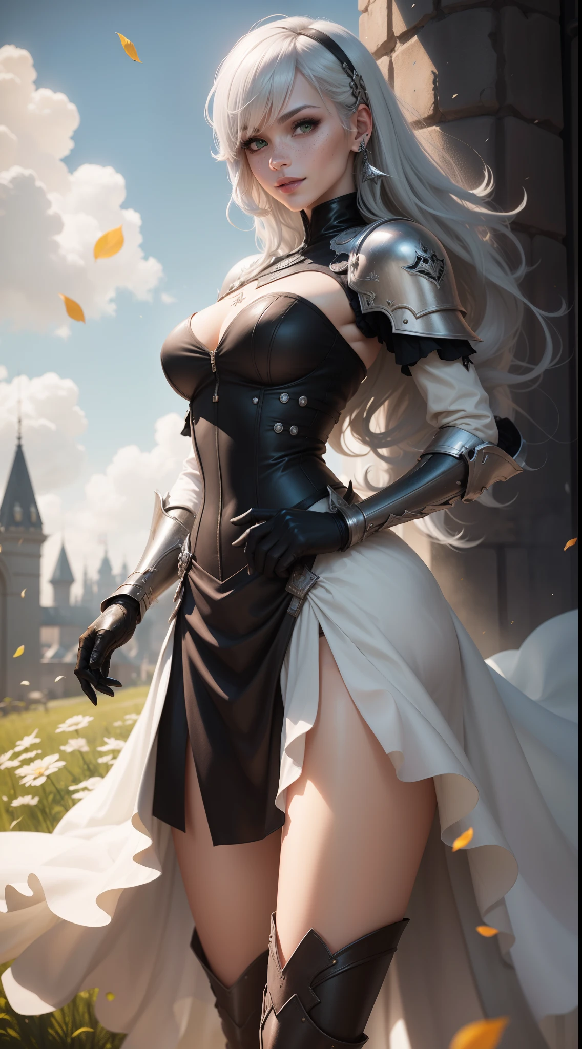 gwen tennyson,yorha 2b,tracer,y'shtola rhul,solo girl,overwatch,atelier ryza,close up,meadow view,tattoos,royal gray and white plugsuit,white short sleeve knight top,full plate steel knight armor top,long tight skirt,silver embroidery knight corset,long curly hair,princess makeup,green eyes,multicolored silver hair,long dress train,sexy smile, freckles,beautiful girl,knight thigh high boots,large breasts,8k,ultra detailed,realistic,fantasy art,silver knight uniform,wedding gown dress,ear piercings,snowflake hand and neck jewelry,(weather:windy),long gray knight coat,crystal castle,silver hair pin, flower petals flying,knight stance pose,