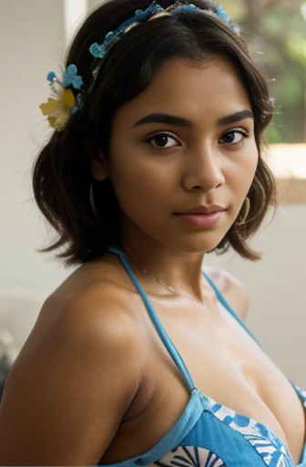 africana madura, Peitos grandes, seios super grandes, nice lips, Light blue halter top with flower patterns, na cozinha