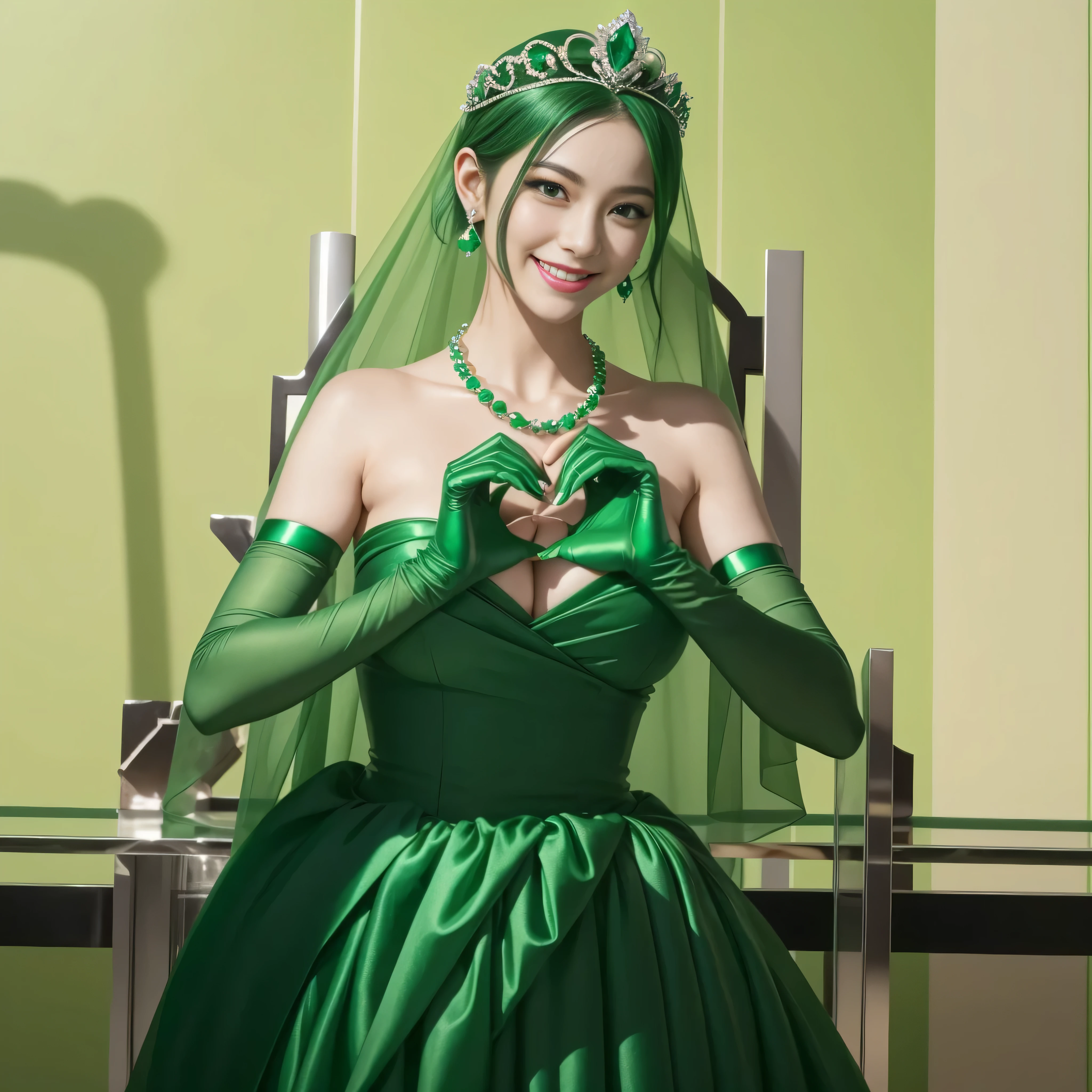 emerald tiara, green pearl necklace, ボーイッシュな非常に短いgreen hair, lipstick, smiling Japanese woman, very short hair,  Beauty with large breasts, green eyes, Long Green Satin Gloves, green eyes, emerald earrings, green veil, heart with both hands, green hair