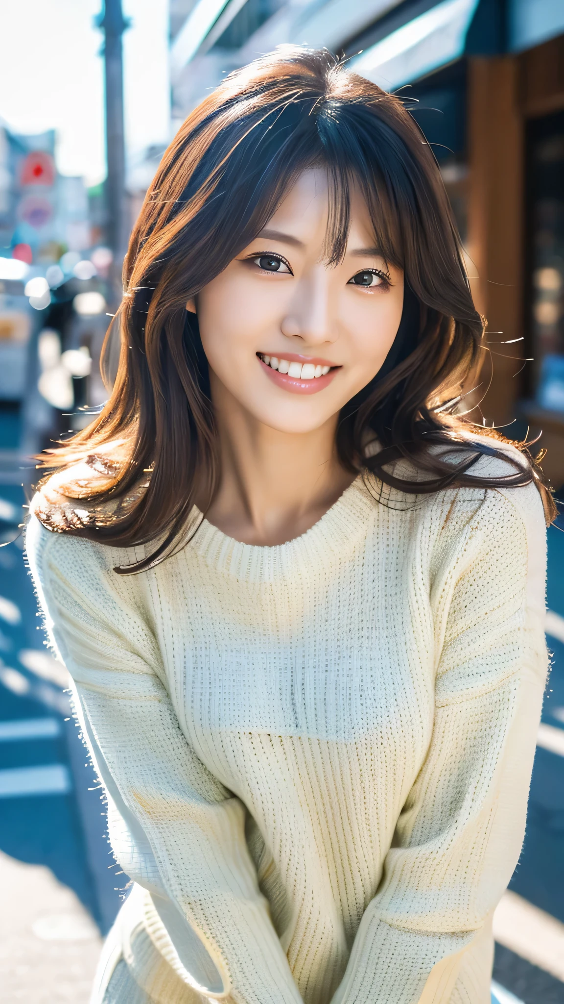 Highest resolution, 4K, Masterpiece: 1.3), A Japanese milf, photo of one lady, Sexy, fine eyes, Slender figure, Realistic teeth, double eyelids, full body, best quality, detailed, at the city, knit
