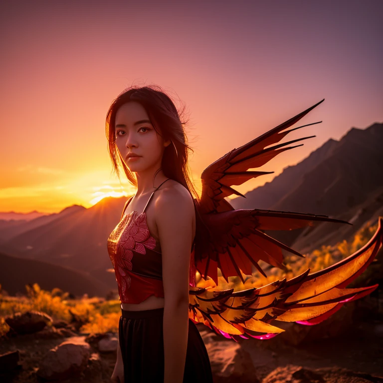 Melissa Bonoist, (((work of art, best qualityer: 1.2), A girl with phoenix wings standing in a ring of fire, gorgeous face, with bright red eyes, phoenix, lotus flowers, red rose gold, gold mini underwear, Mountain sunrise to the bottom, Ancient porcelain buildings)),sexy and seductive look
