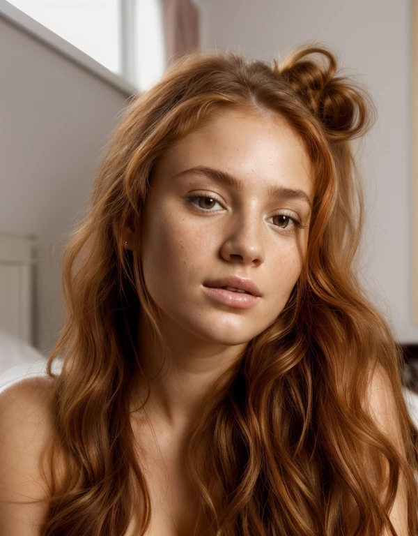 beautiful girl naked, looking at the camera, laying in bed and touching herself, long red disheveled hair in a ponytail, (bedroom background:1.2), light makeup, highly detailed, fine detail, intricate, beautiful detailed glow, detailed, natural light, highres, detailed facial features, sharp focus, smooth, aesthetic, in a daylight concert, bum, legs, natural breasts