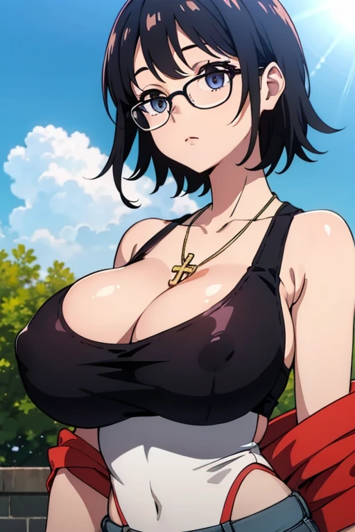 Shizuku Murasaki, 1girl, cute, black hair, short hair, glasses, expressionless, huge breast, ((tight white tanktop:1.5)), cleavage, (upper body, looking at away, breast hold, arm squeeze), (masterpiece, high resolution, best quality, anime colored, anime screencap:1.5, 8k, photorealistic), denim, inverted cross chain necklace, (perfect detailed anatomy, beautiful detailed eyes&hair, beautiful detailed body&clothes), sunshine outdoors